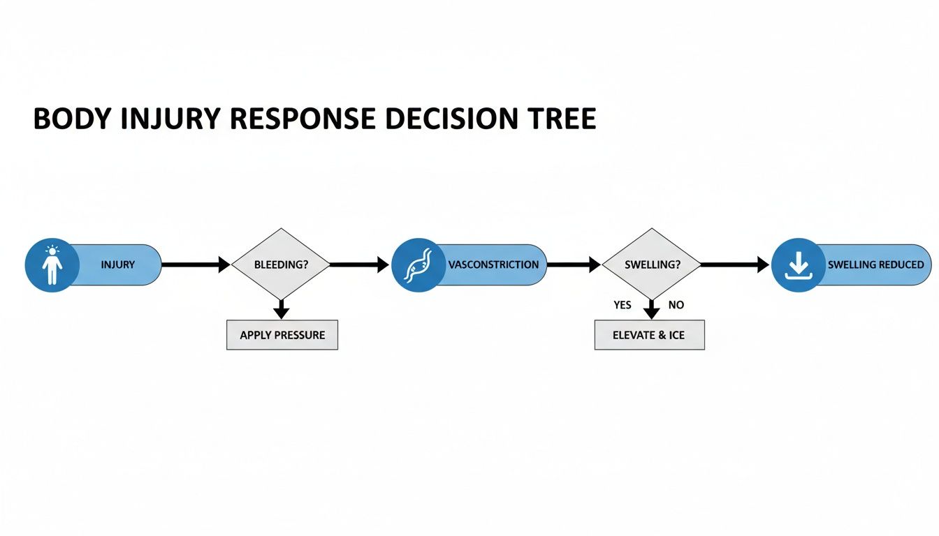 Flowchart detailing a body injury response decision tree, covering bleeding, vasoconstriction, and swelling management steps.