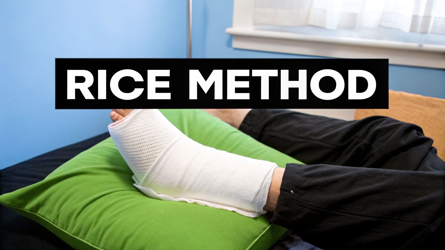 A person with an injured, bandaged leg elevated on a green pillow, demonstrating the RICE method.