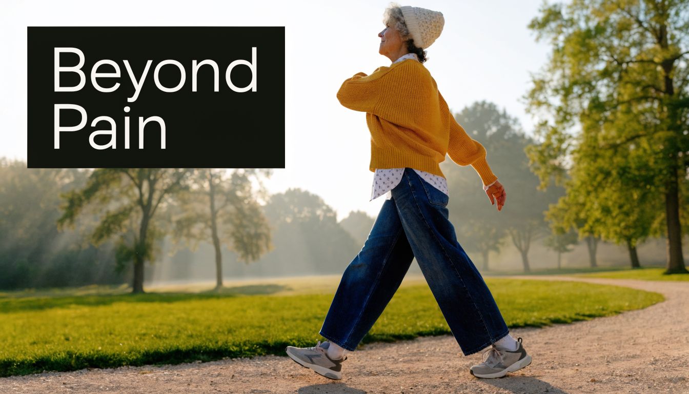 A happy senior woman walking outdoors on a gravel path, embracing an active lifestyle beyond pain.