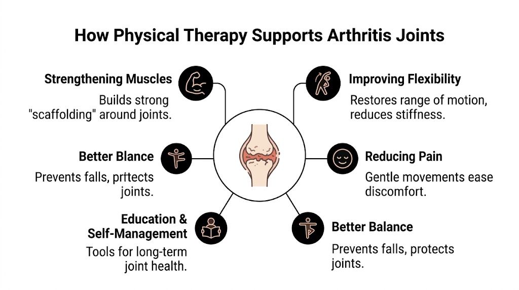 A diagram illustrating how physical therapy supports arthritis joints through strengthening, flexibility, balance, pain reduction, and education.