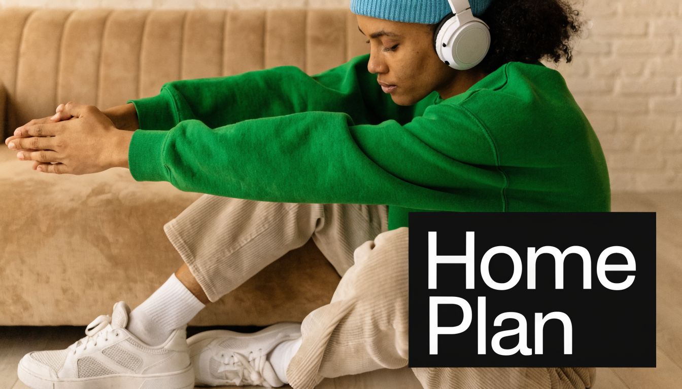 A person wearing a green sweater and headphones stretching their arms while sitting on the floor.