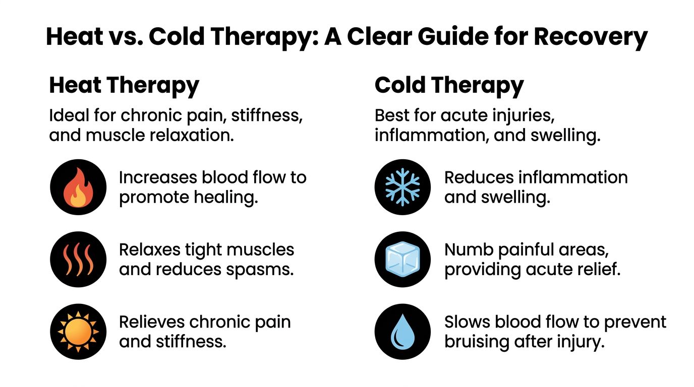 A comparison chart showing benefits of heat therapy for chronic pain versus cold therapy for acute injuries.