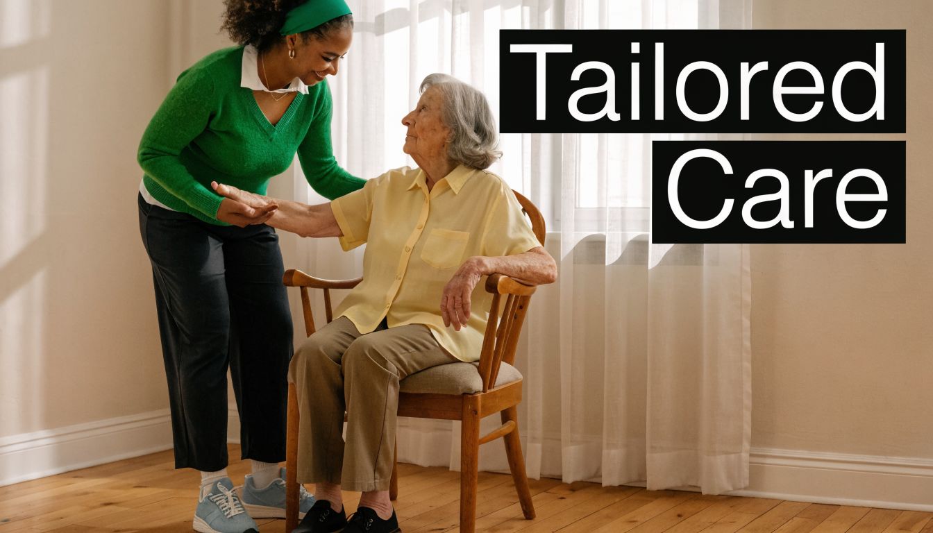 A caregiver gently holding the hand of an elderly woman sitting in a chair at home.