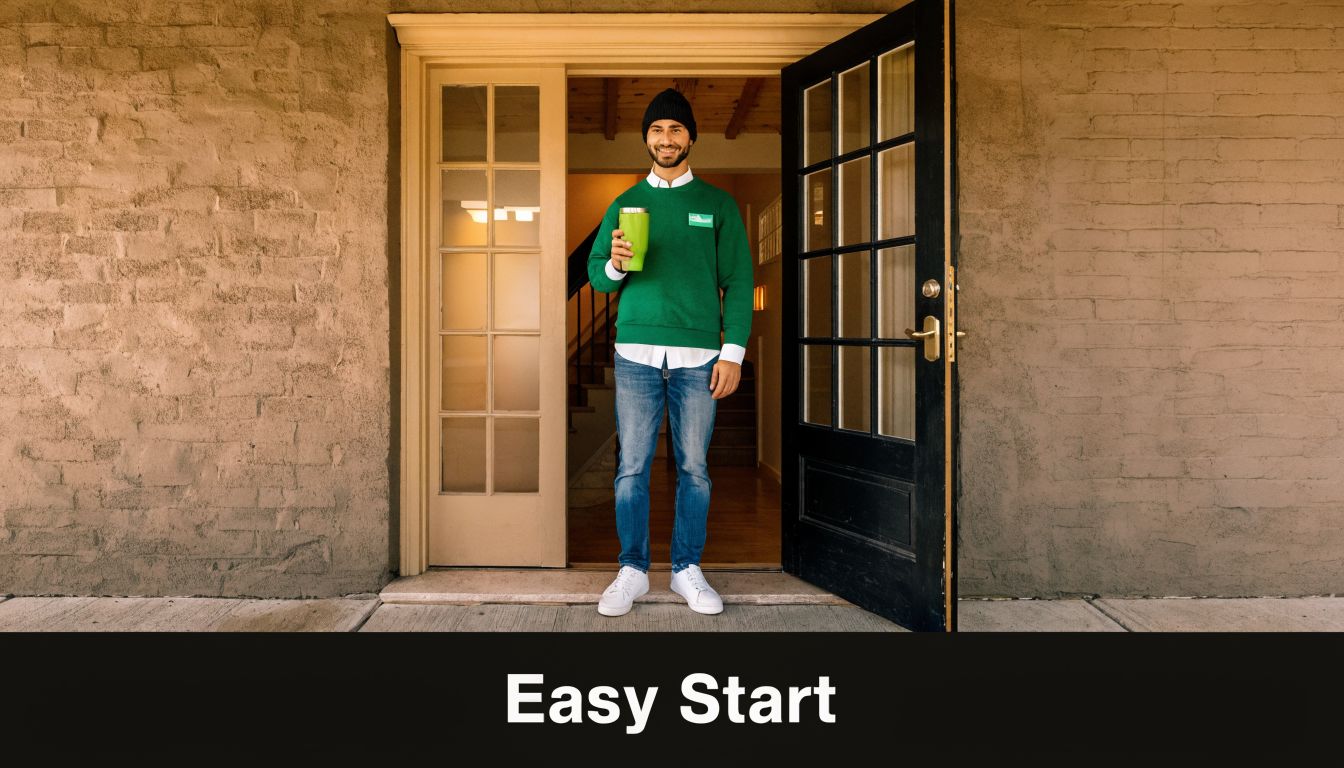 A friendly physical therapist standing at a doorway smiling while holding a green tumbler for home visits.