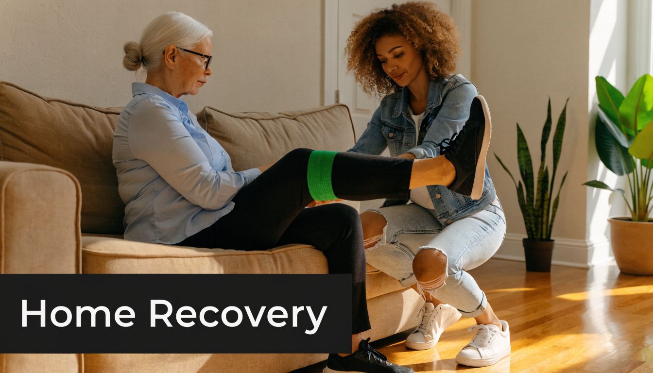 A professional therapist assisting an elderly woman with leg physical therapy exercises in her living room.