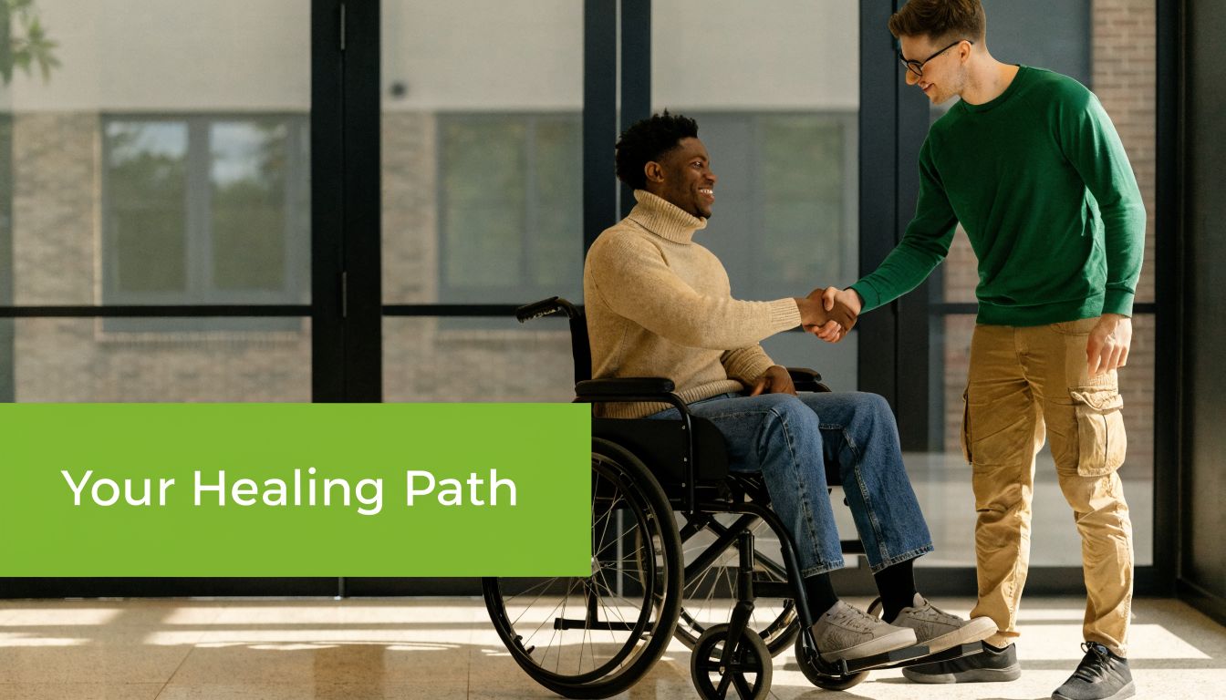 A man in a wheelchair shaking hands with a man standing in a bright lobby office area.