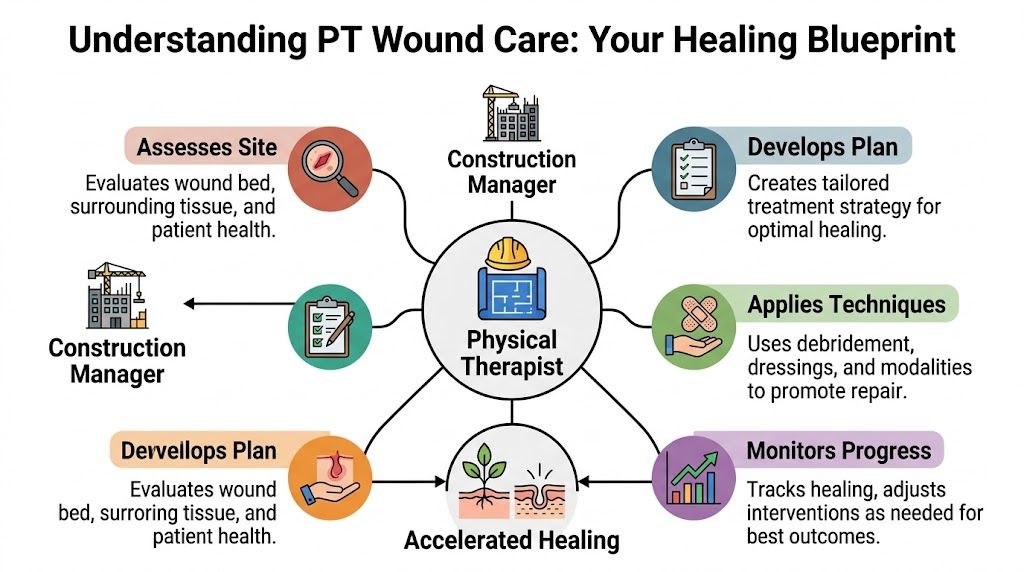 An infographic titled Understanding PT Wound Care explaining the roles and healing stages provided by physical therapists.