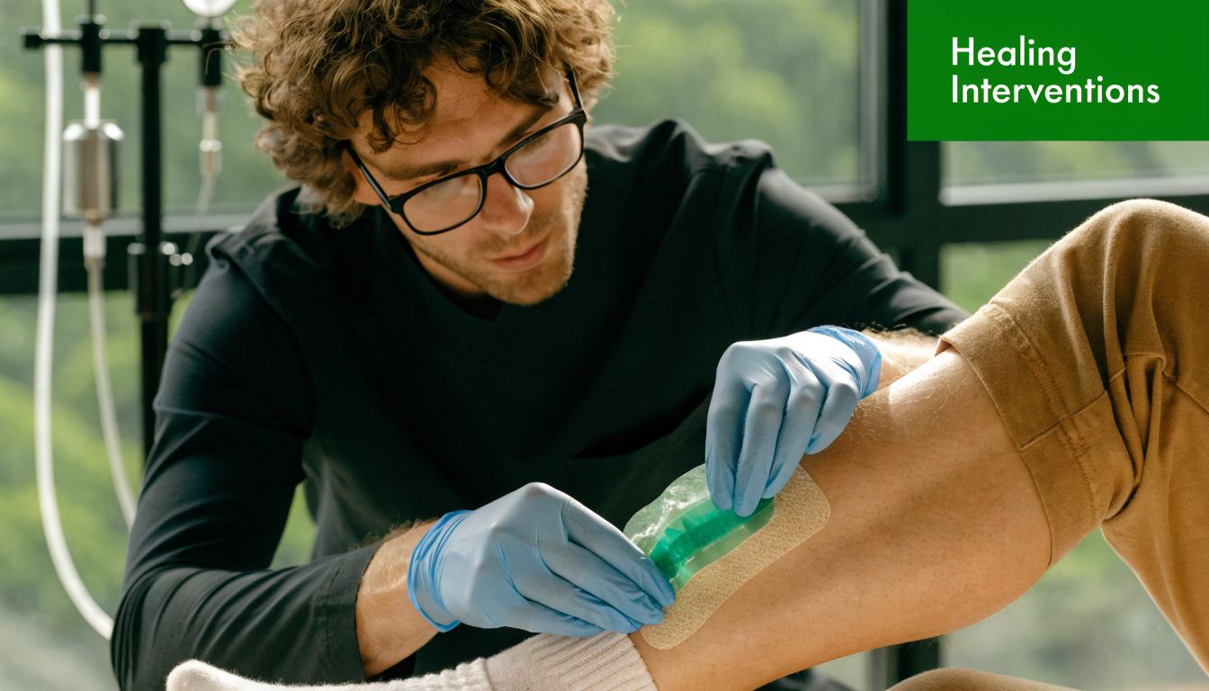 A male medical professional applying a medical dressing to a patient's leg wound in a clinical setting.