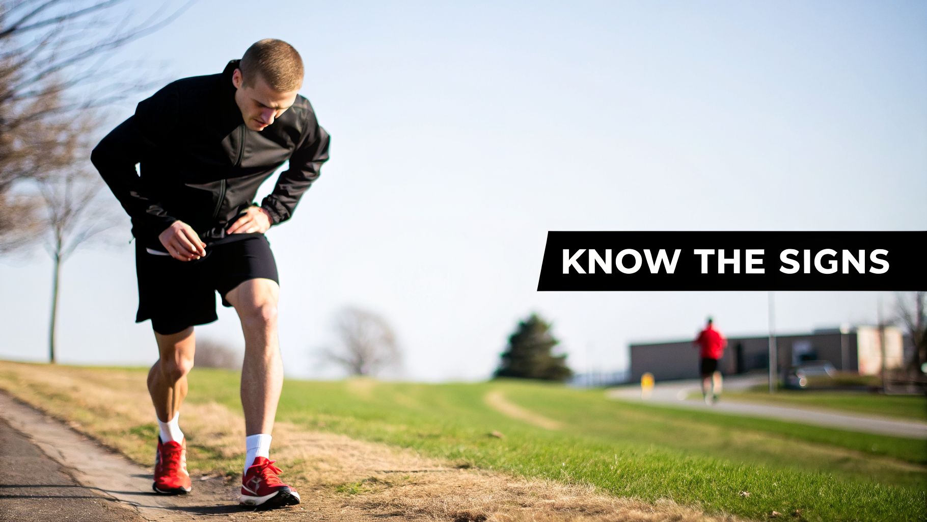A male runner pauses on a dirt path, clutching his side in apparent pain, with 'KNOW THE SIGNS' text overlay.