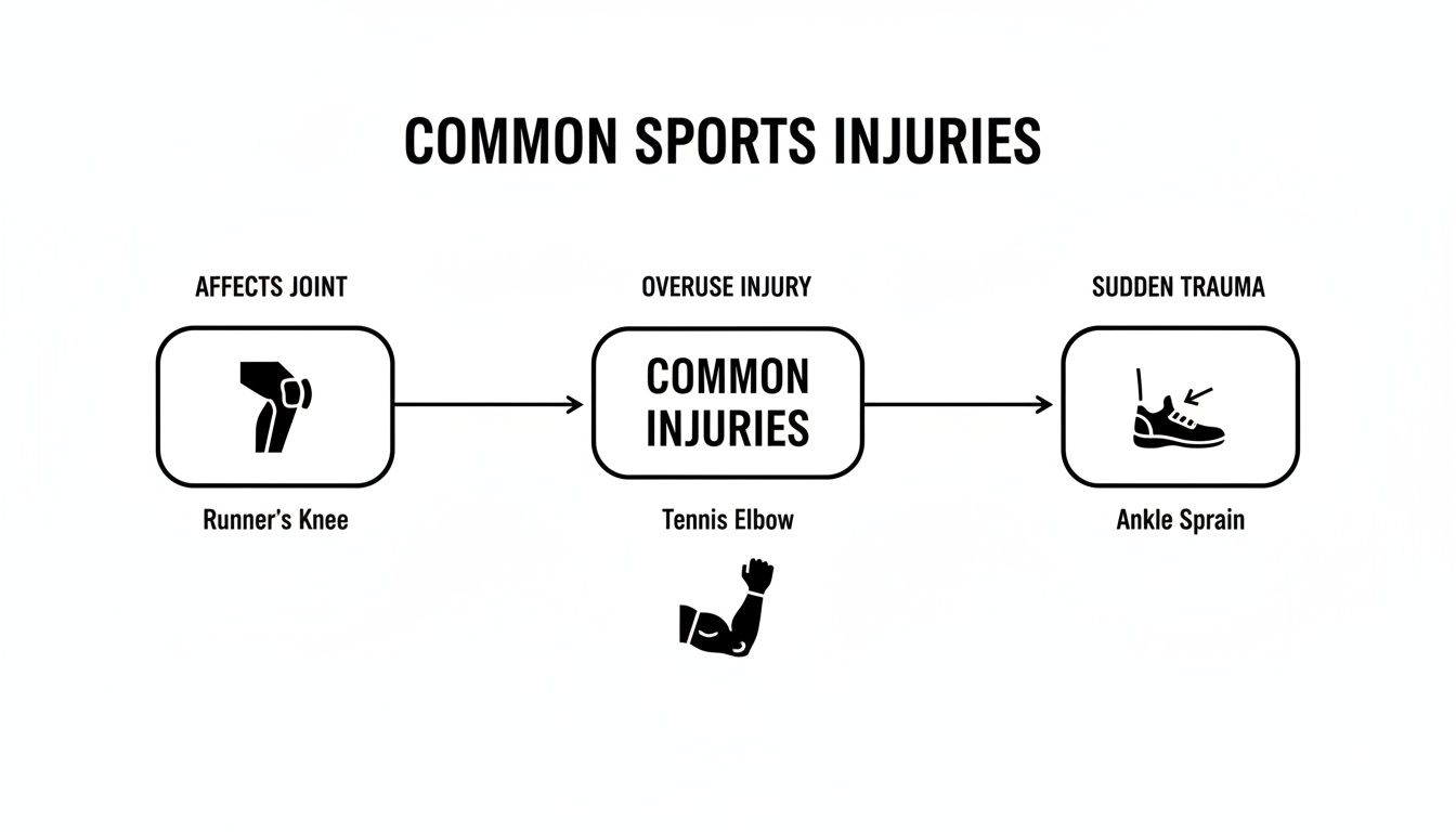 A flowchart categorizes common sports injuries into affects joint, overuse, and sudden trauma with examples.