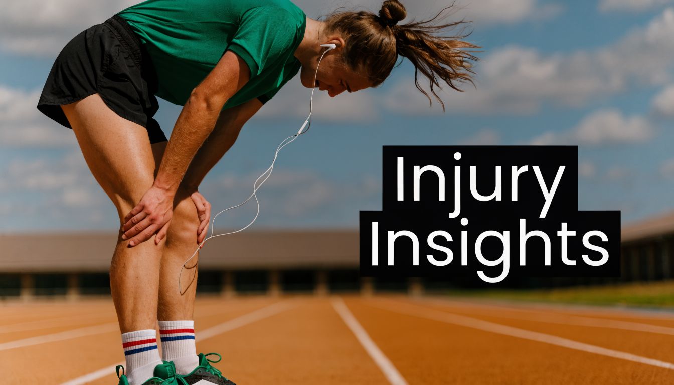 A tired runner leaning on their knees on an outdoor track after an intense athletic workout session.