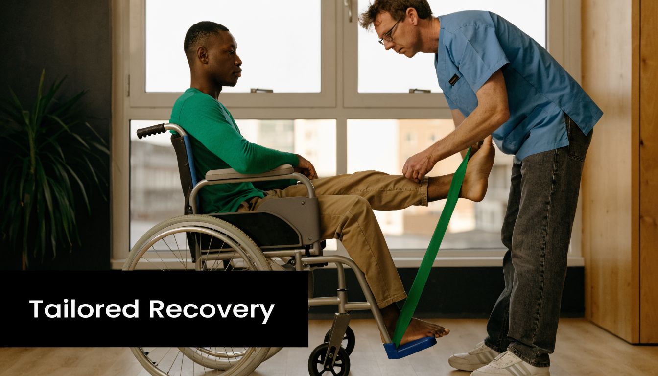 A physical therapist assisting a patient in a wheelchair with leg resistance band exercises for recovery.