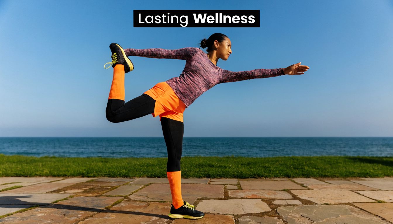 A woman performing a standing balancing yoga pose outdoors near the ocean during a sunny day.