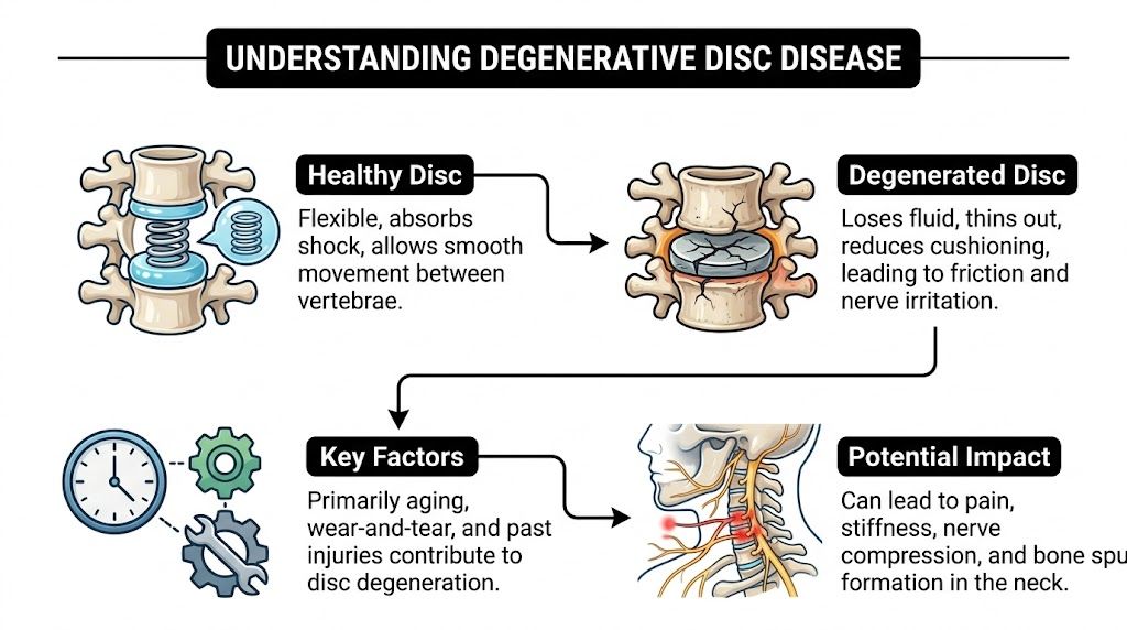 An infographic illustrating degenerative disc disease, showing healthy vs degenerated discs, causes, and impacts on the neck.