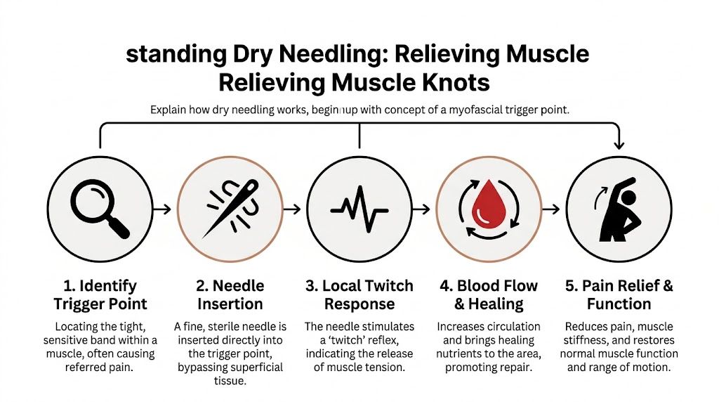A diagram explaining the five-step process of dry needling to relieve muscle knots and improve function.