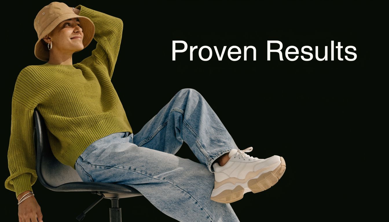 A person wearing a bucket hat, green sweater, and jeans sits confidently on a chair against black.