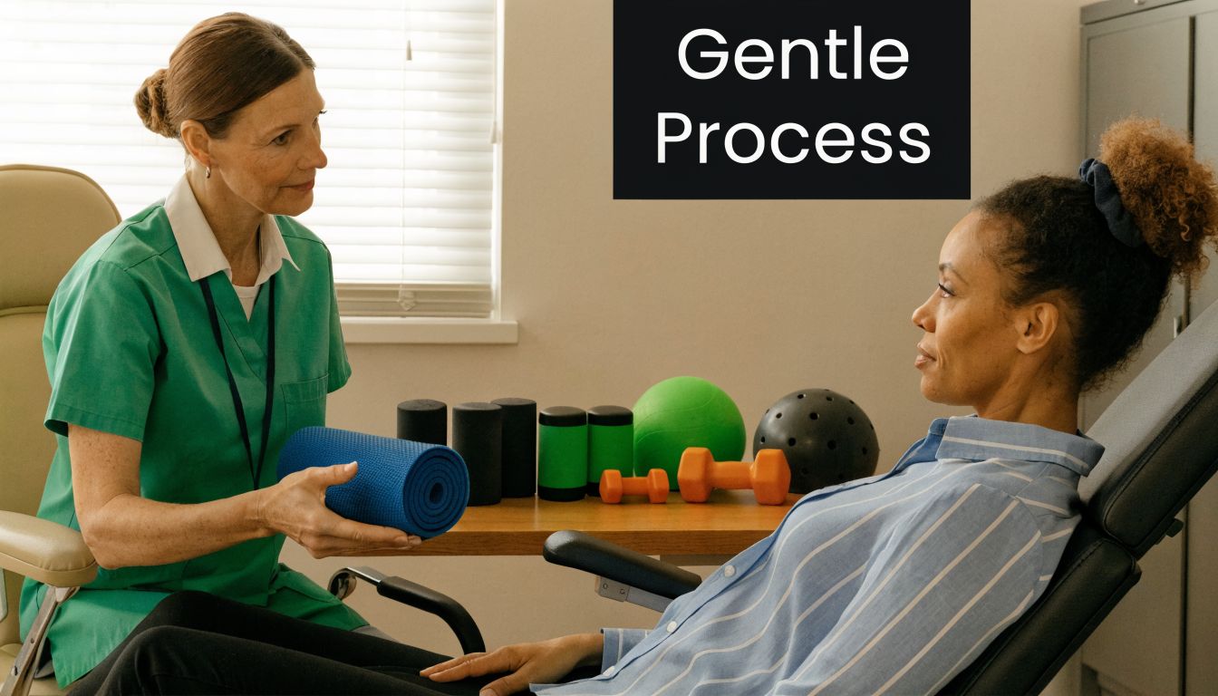 A professional physical therapist holds a blue exercise mat while talking to a female patient sitting comfortably.
