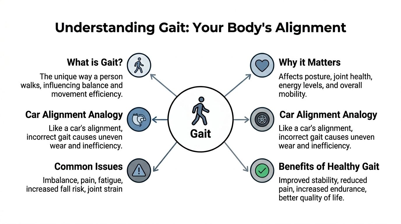 An infographic titled Understanding Gait: Your Body's Alignment, explaining the definition, importance, and health implications of walking patterns.