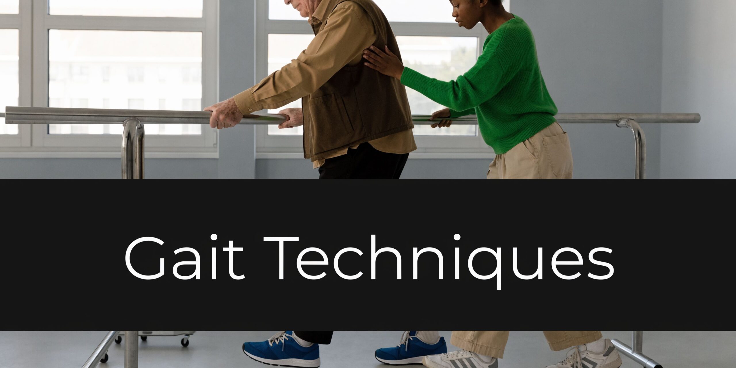 A physical therapist assists an elderly patient with walking exercises using parallel bars during a rehabilitation session.
