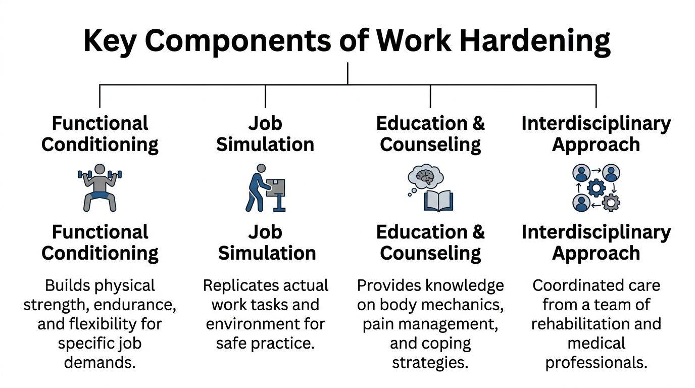 A diagram outlining the four key components of work hardening therapy for physical rehabilitation and job readiness.