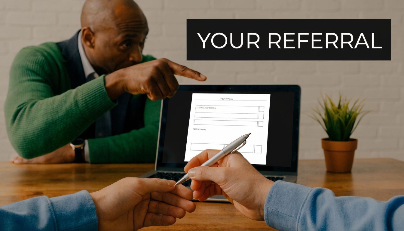 A professional man points at a referral form on a laptop screen while another person writes.