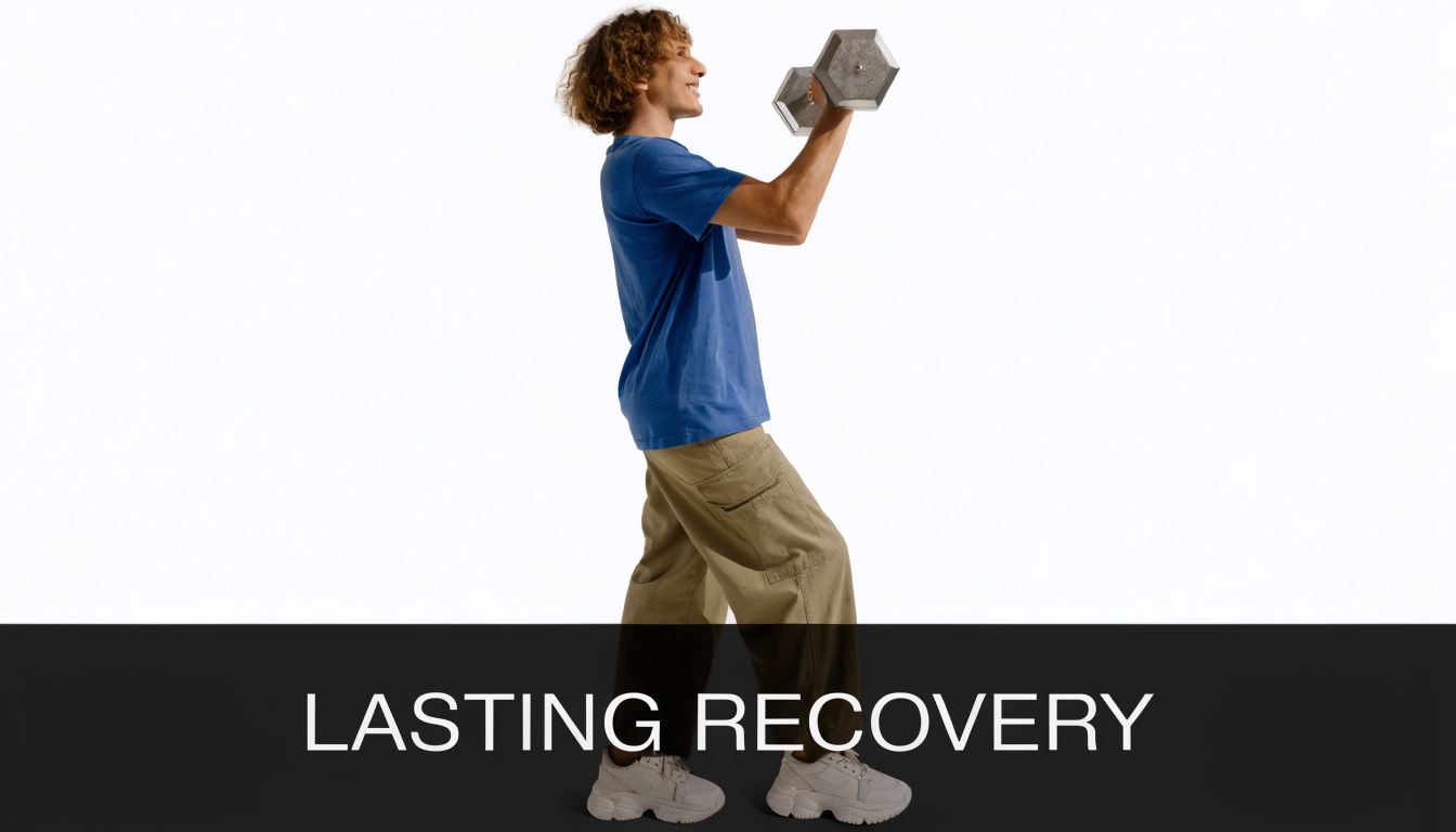 A young man with curly hair lifts a dumbbell, symbolizing work hardening therapy for physical rehabilitation.