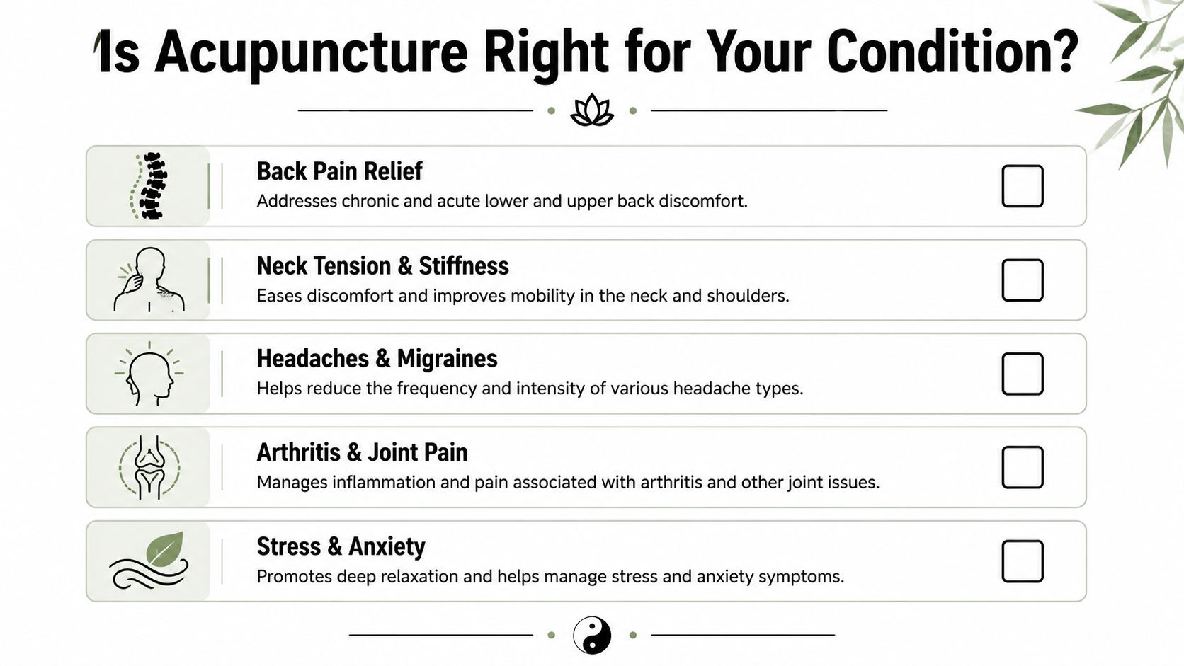 An infographic listing common health conditions like back pain and stress that acupuncture can help treat.