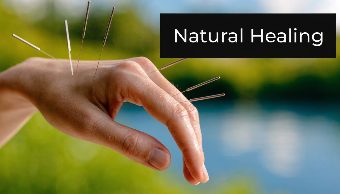 A close-up view of a human hand receiving acupuncture therapy with needles inserted into the skin.