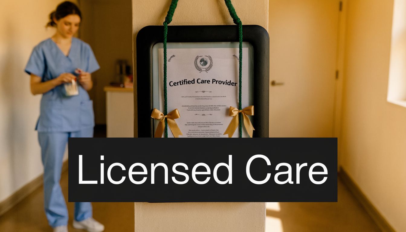 A health professional stands near a hanging frame displaying a certified care provider certificate in a facility.