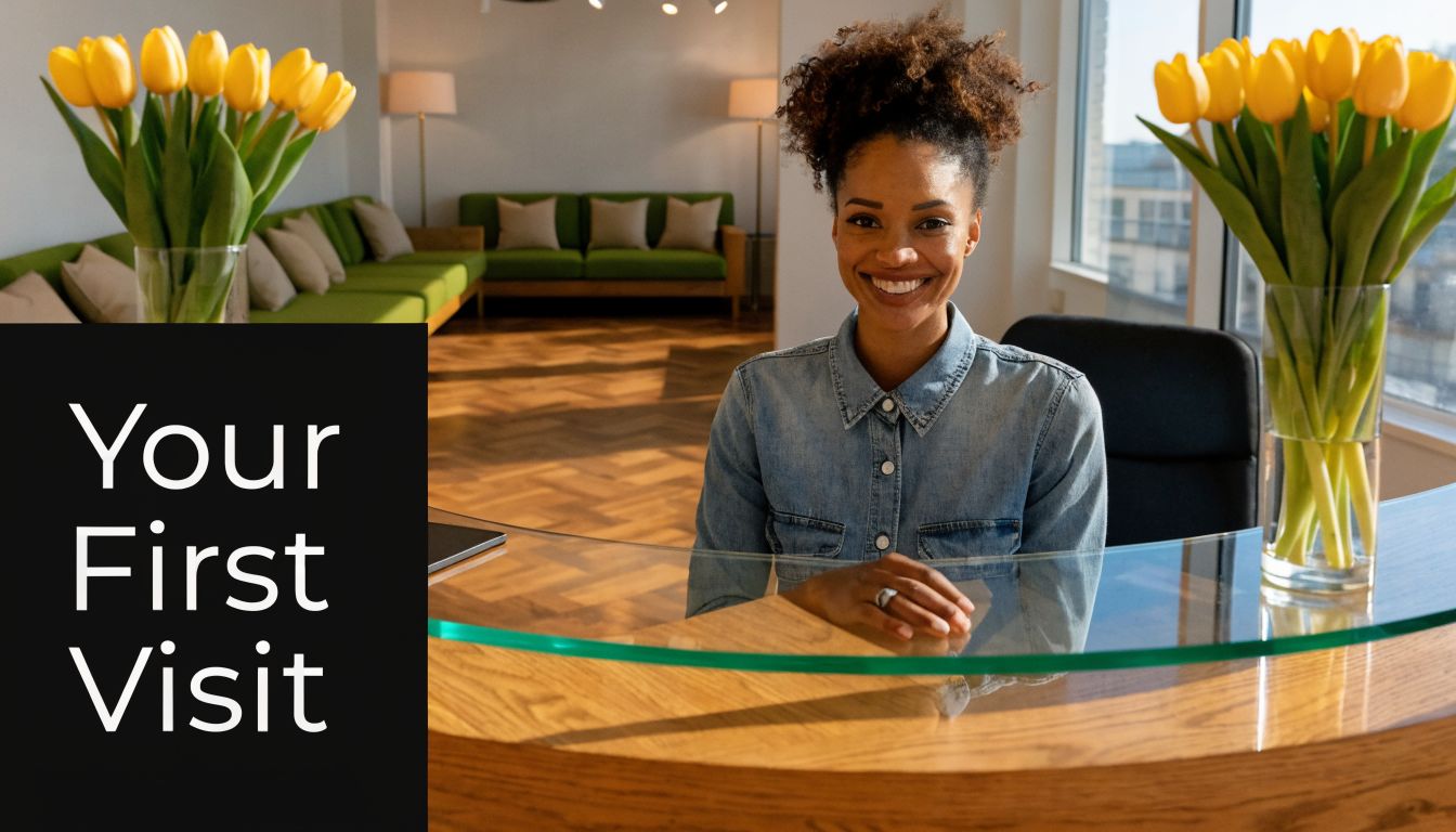 A friendly receptionist greets visitors at a modern office reception desk decorated with yellow tulips.
