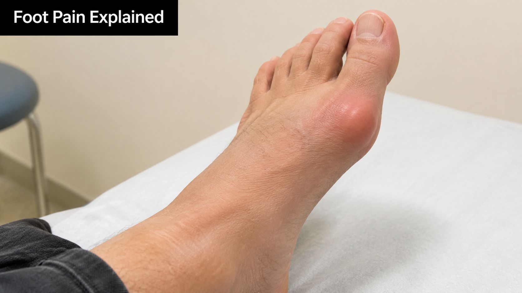 A close-up view of a swollen, reddened big toe joint characteristic of gout arthritis.