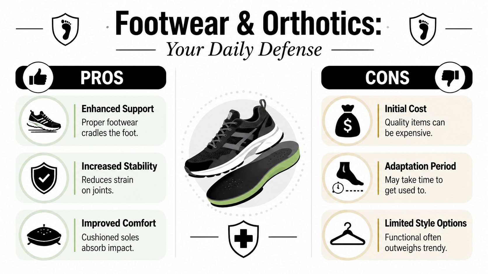 An infographic titled Footwear and Orthotics showcasing the pros and cons of using supportive shoes.