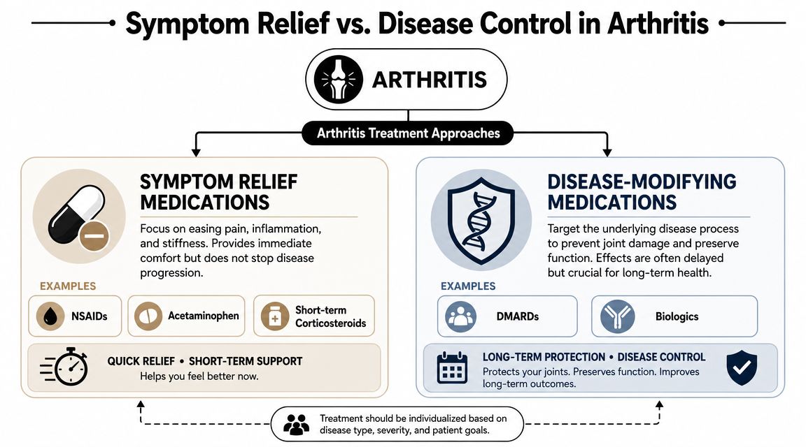 A diagram comparing symptom relief medications and disease-modifying medications for managing arthritis treatment and long-term health.