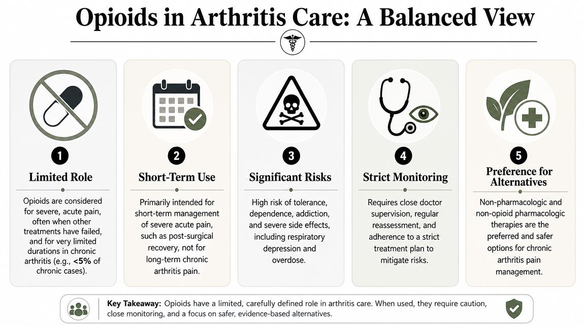 An infographic titled Opioids in Arthritis Care outlining five key guidelines for safe opioid usage.