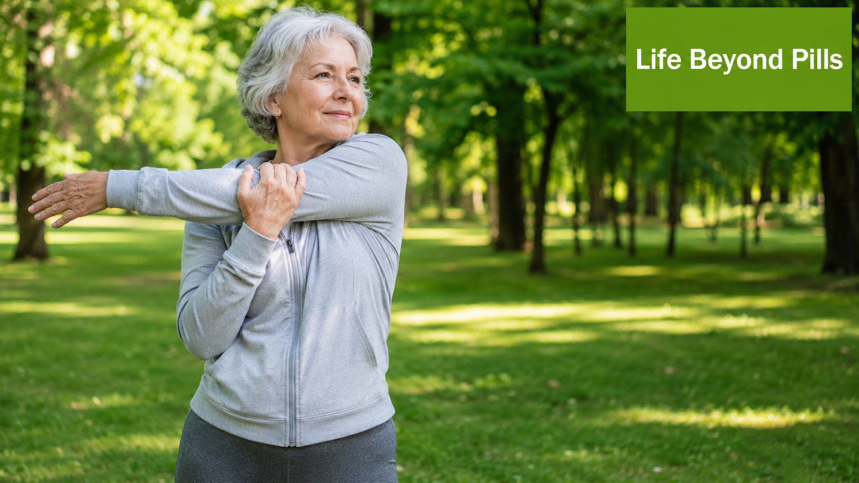 A happy senior woman in a park exercising to manage arthritis pain relief without prescription medication.