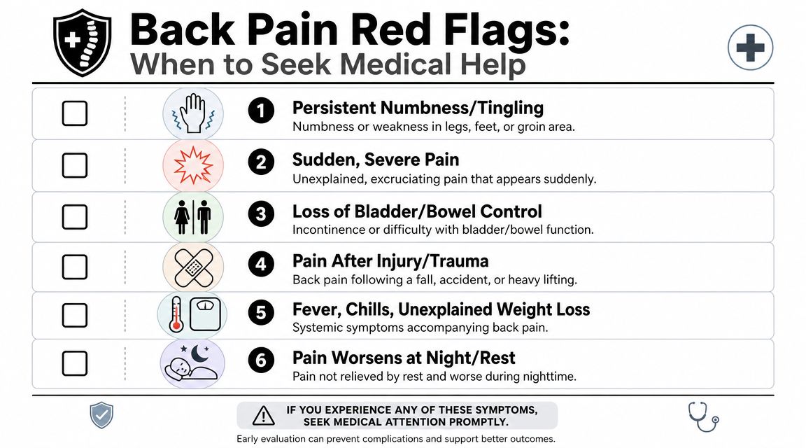A checklist infographic titled Back Pain Red Flags detailing six warning symptoms requiring prompt medical attention.