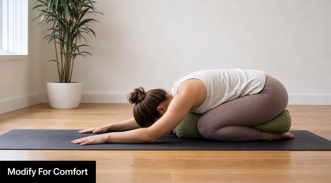 A woman performing a restorative child's pose with a yoga bolster for support on a mat.