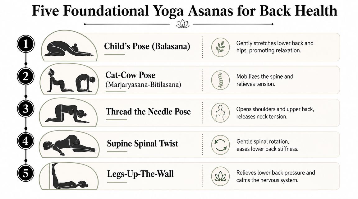 An infographic showing five essential yoga poses to help improve back health and alleviate discomfort.