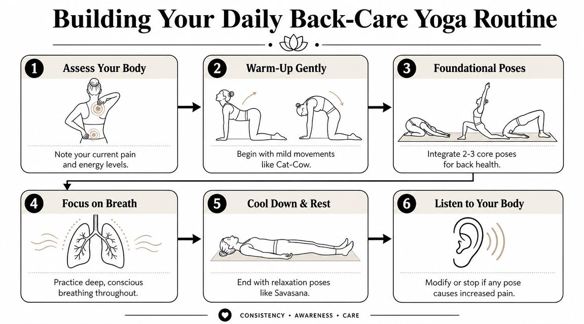 An infographic showing a six-step daily yoga routine guide for relieving back pain and improving flexibility.