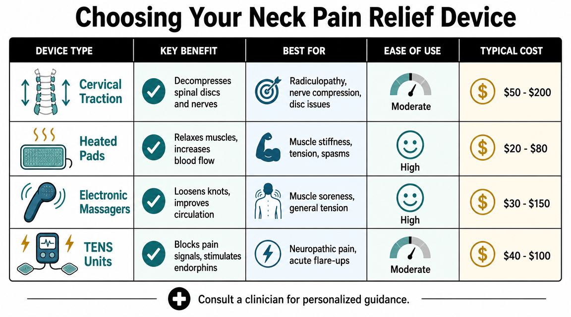 A comparison chart outlining different neck pain relief devices, including benefits, best uses, and typical costs.