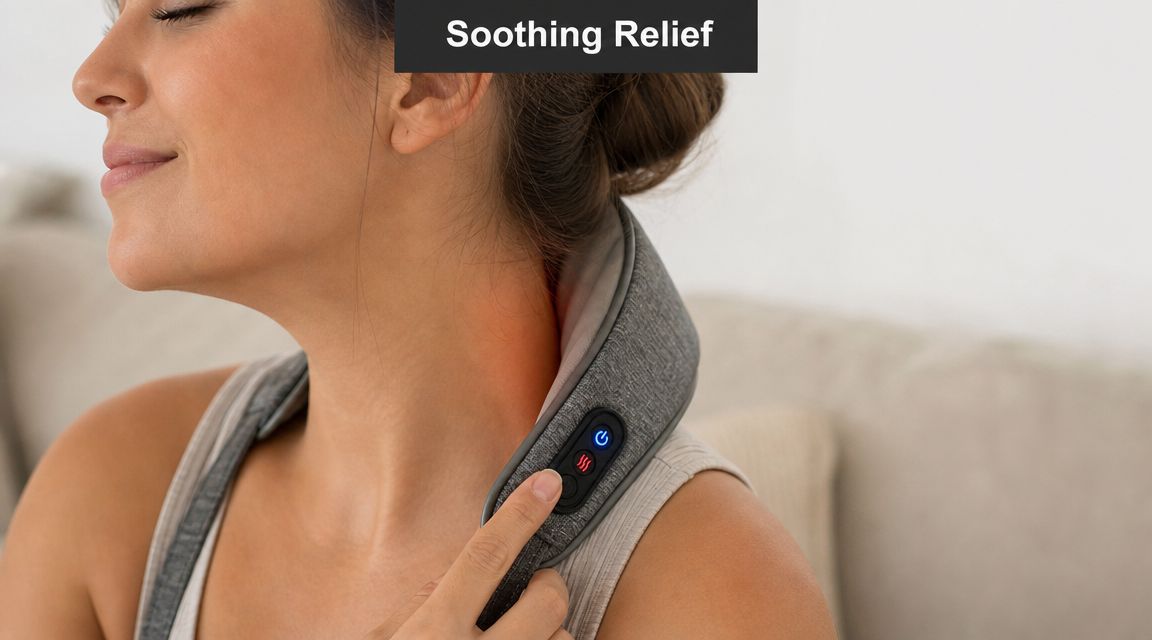 A woman using a grey neck massager with heat function for soothing neck pain relief at home.