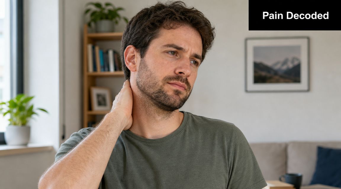A man with a pained expression rubbing his neck, suffering from neck strain or discomfort while indoors.