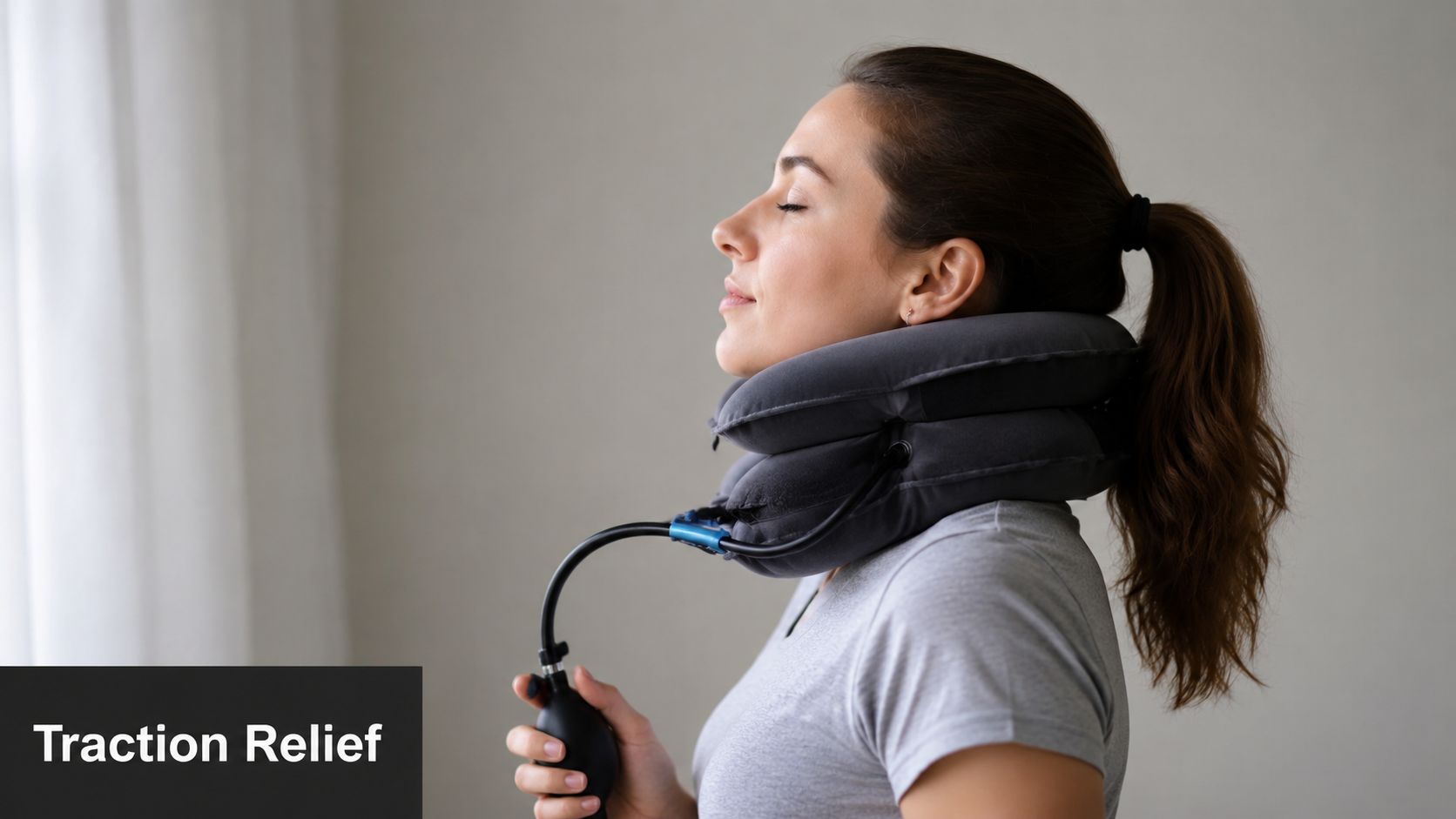 A woman using an inflatable cervical neck traction device to relieve neck pain while sitting indoors.
