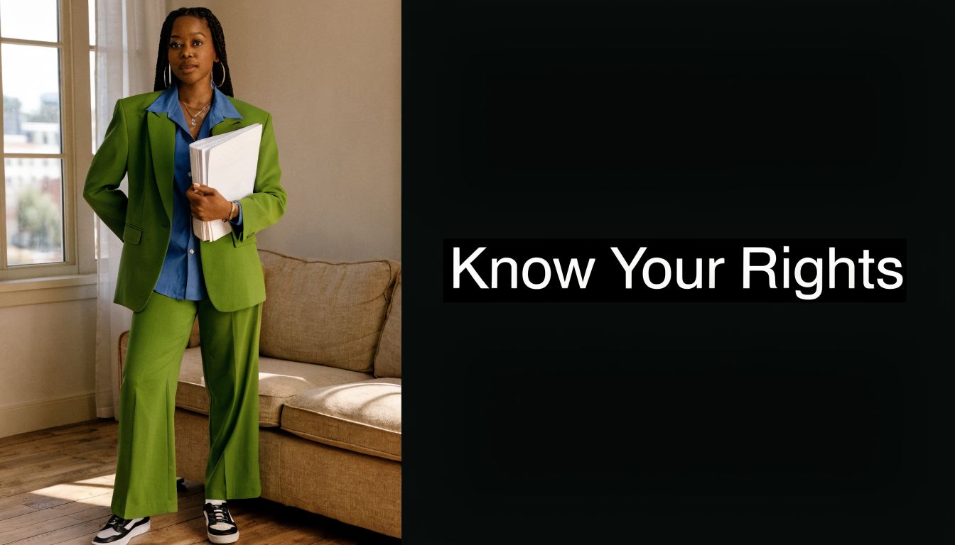 A professional woman in a green suit holding a stack of papers near a beige sofa.