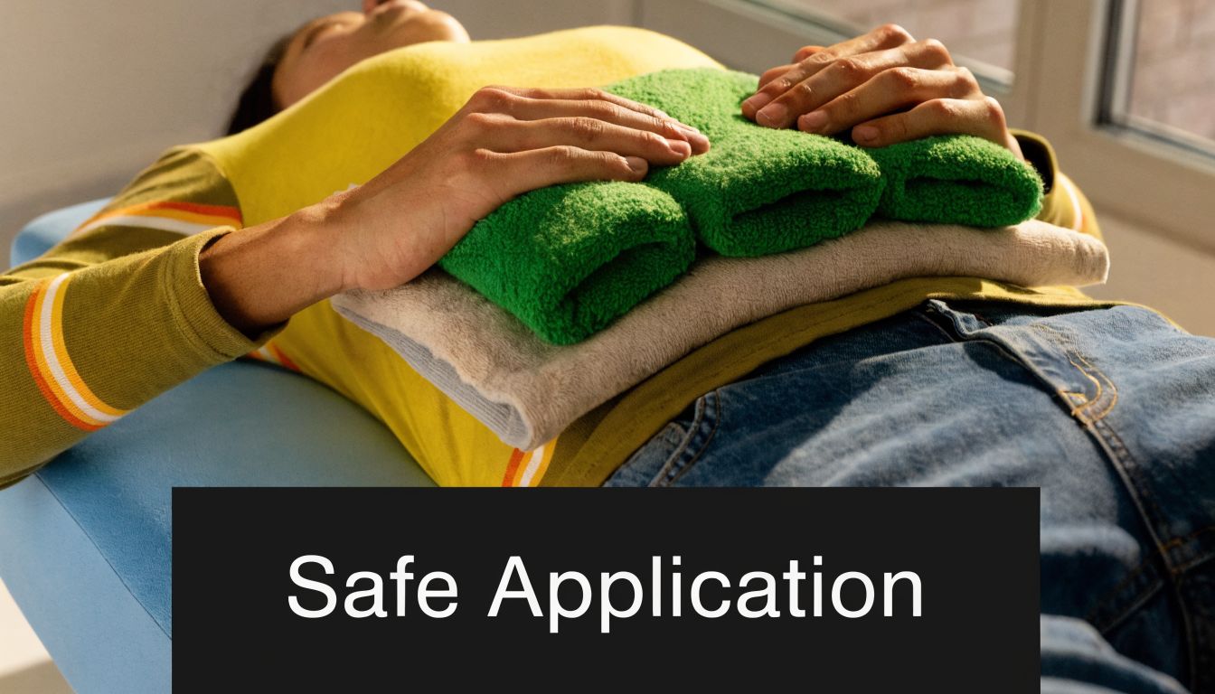 A person lying down with a hot pack wrapped in a towel on their stomach for therapy.