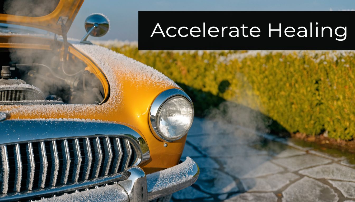A steaming yellow vintage car with frost on its hood, metaphorically representing heating for physical therapy.
