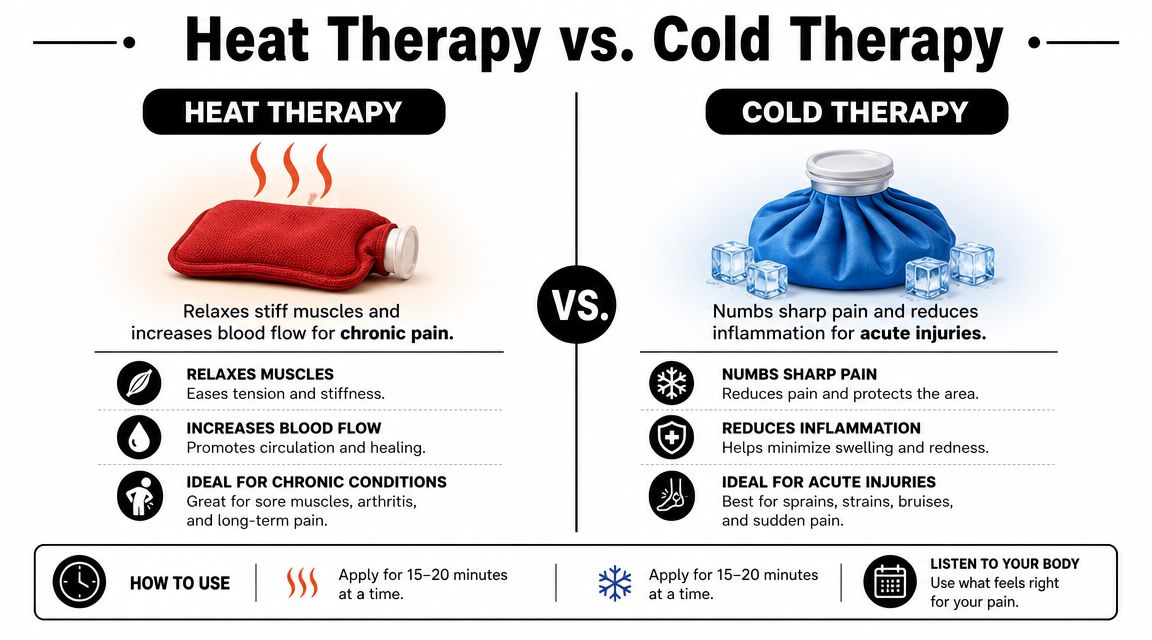 An infographic comparing heat therapy and cold therapy for managing chronic pain and acute injuries effectively.