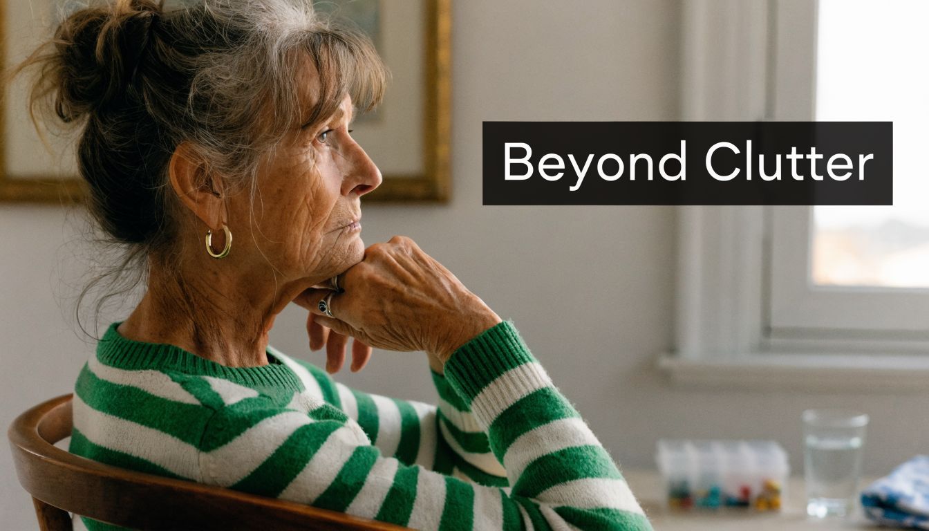 An elderly woman with a thoughtful expression sitting at home, representing senior safety and wellness.