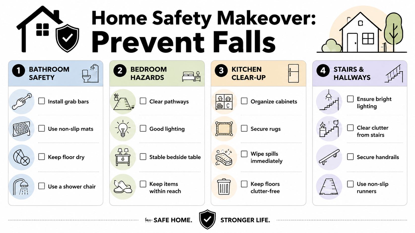 An infographic titled Home Safety Makeover providing tips to prevent falls in bathrooms, bedrooms, kitchens, and stairs.