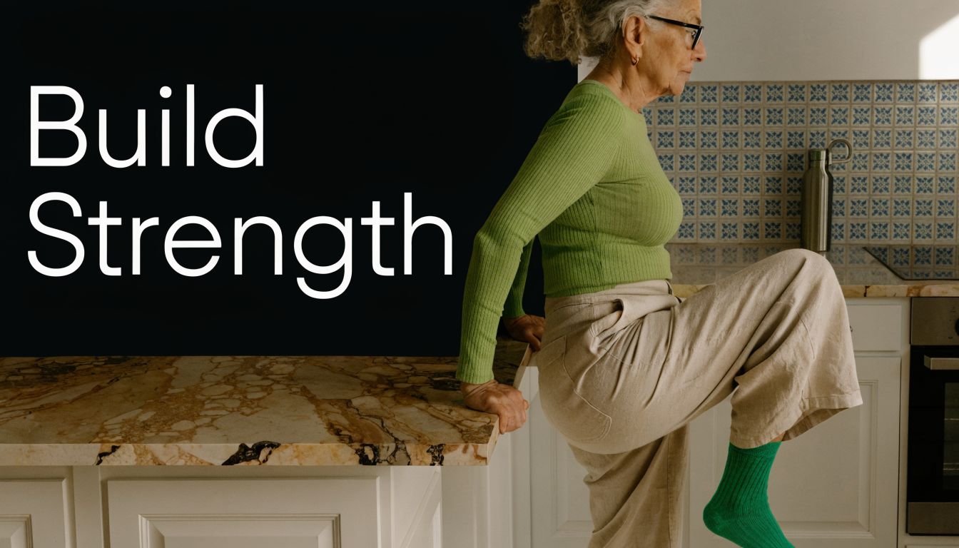 An elderly woman with grey hair performing a strengthening exercise using a kitchen counter for support.